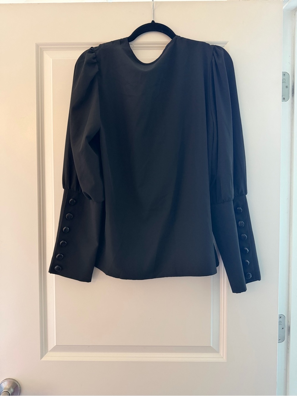 Black Puff-Sleeve Button Cuff Women's Top